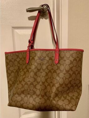 Coach Brown Signature Canvas Tote with Pink Trim